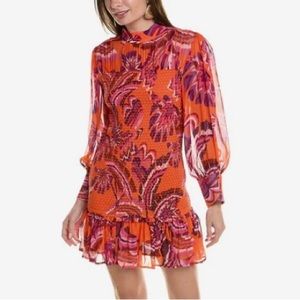 NEW FARM Rio Chevron Forest Orange Mini Dress Mock Neck Smocked Chiffon Size M